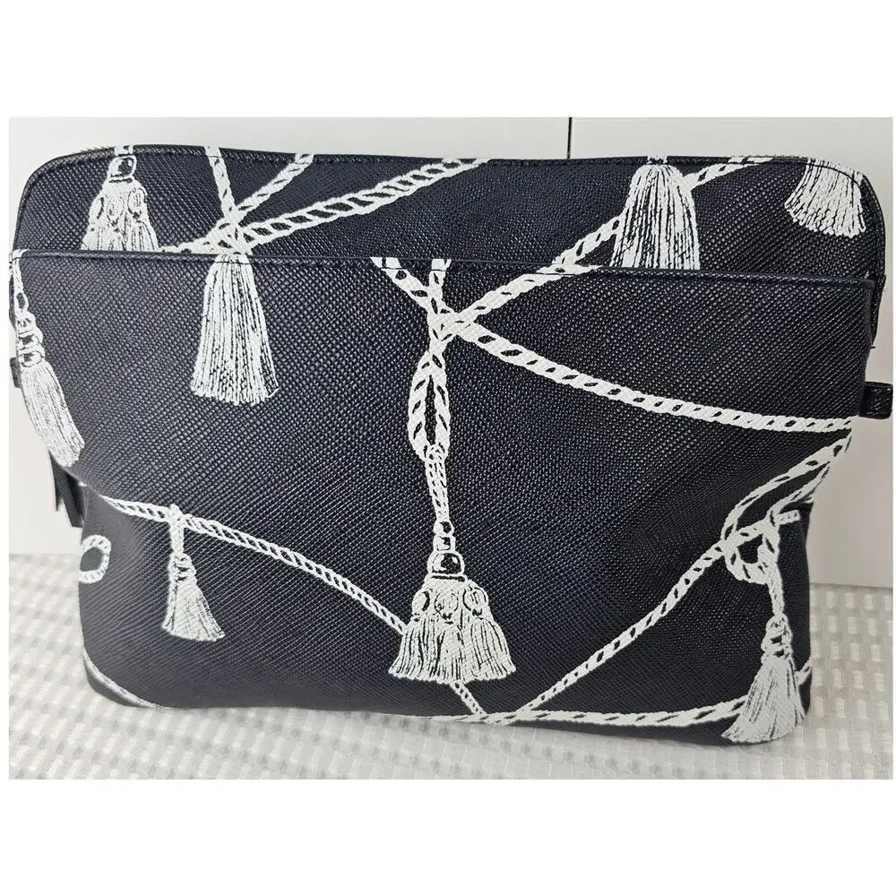 Chicos Navy Blue White Tassel Rope Print Cosmetic Bag Pouch Polka Dot Lining